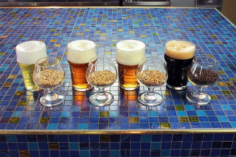 左側にクラフトビールの入ったグラス・右側にモルトが入ったグラスが4セット並んでいる様子。左から右に、ビールの液色とモルトの色合いが濃くなっていく