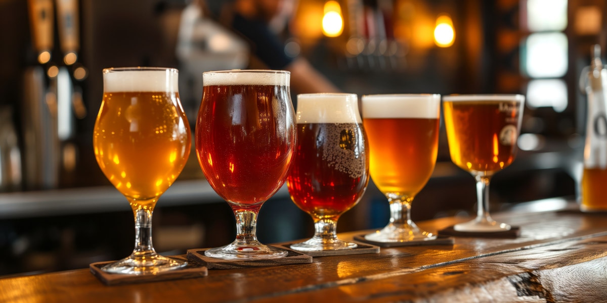 色々な種類のクラフトビールがグラスに注いであり飲み比べできる