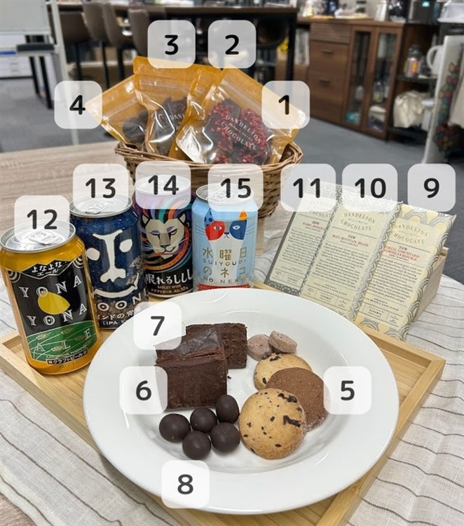 ヤッホーブルーイングのクラフトビール4種とダンデライオン・チョコレートの製品13種類が机の上に並べられている様子