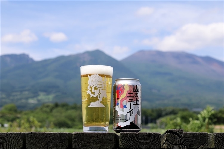 山の前にある山の上ニューイの缶とビールの写真