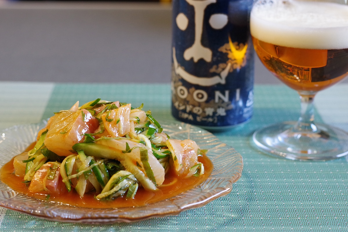 ビールにあう、韓国のお刺身料理。「真鯛ときゅうり・大葉のフェ（회）」